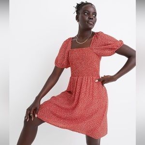 Madewell Silk Lucie Puff-Sleeve Smocked Mini Dress